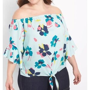 Lane Bryant Classic Flounce-Sleeve Off Shoulder Tie Hem Flower Top sz 14 / 16‎